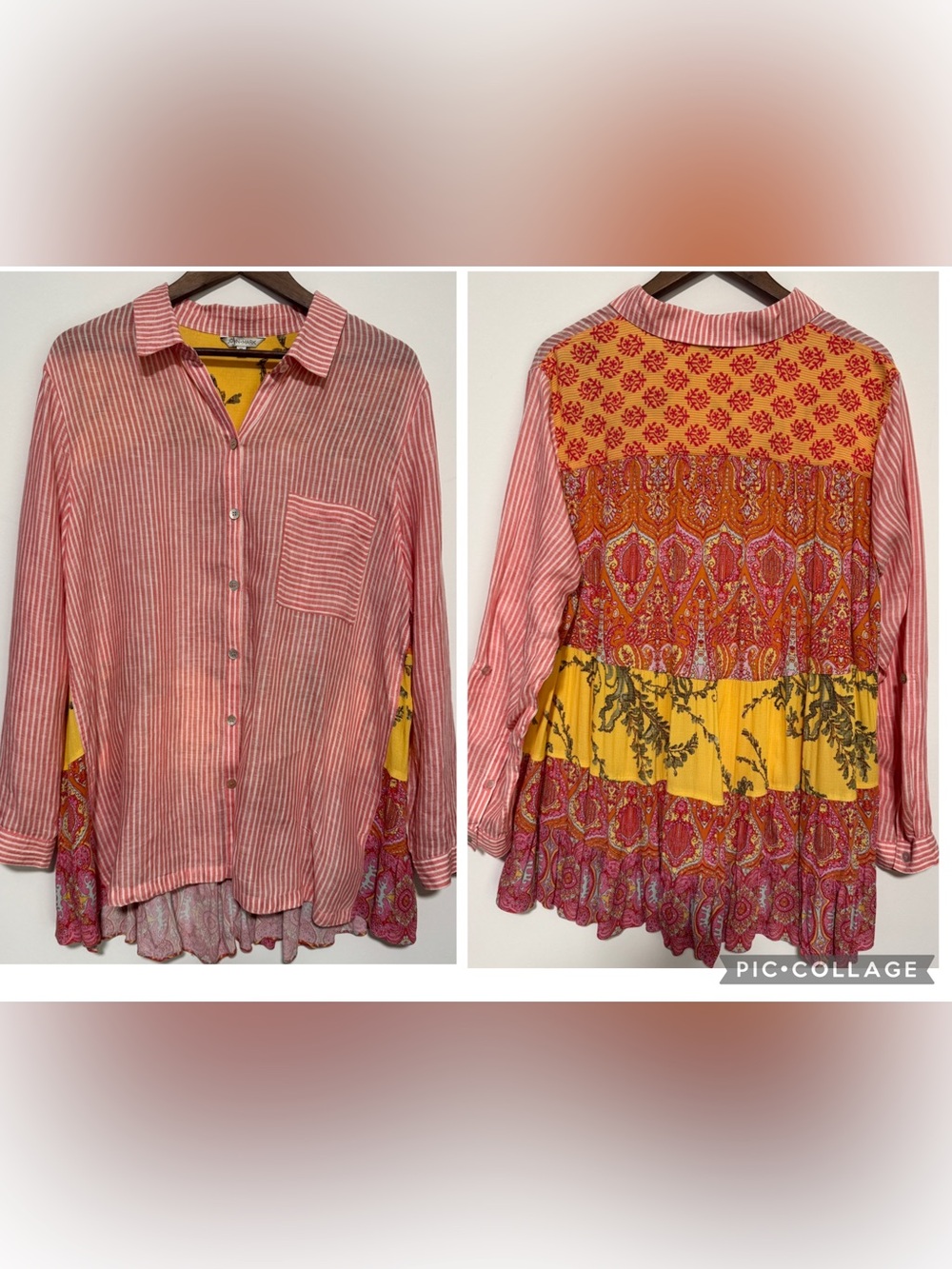 John Mark XL Mixed Print Patchwork Button Front Linen Blend Peplum Top paisley